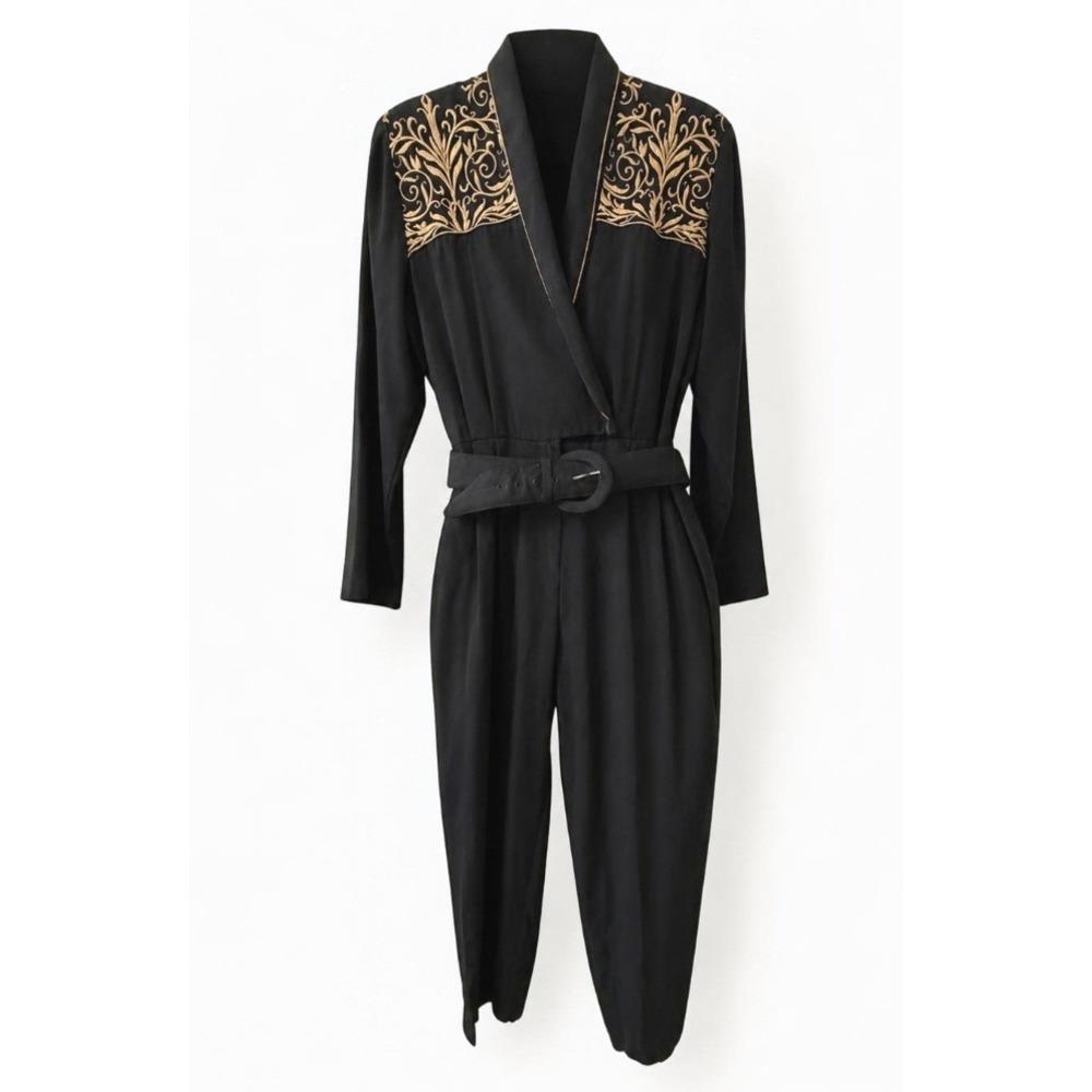 Vintage 80s Gold Embroidered Shoulder Pad Belted Jumpsuit 13/14 Black JSJ Petite